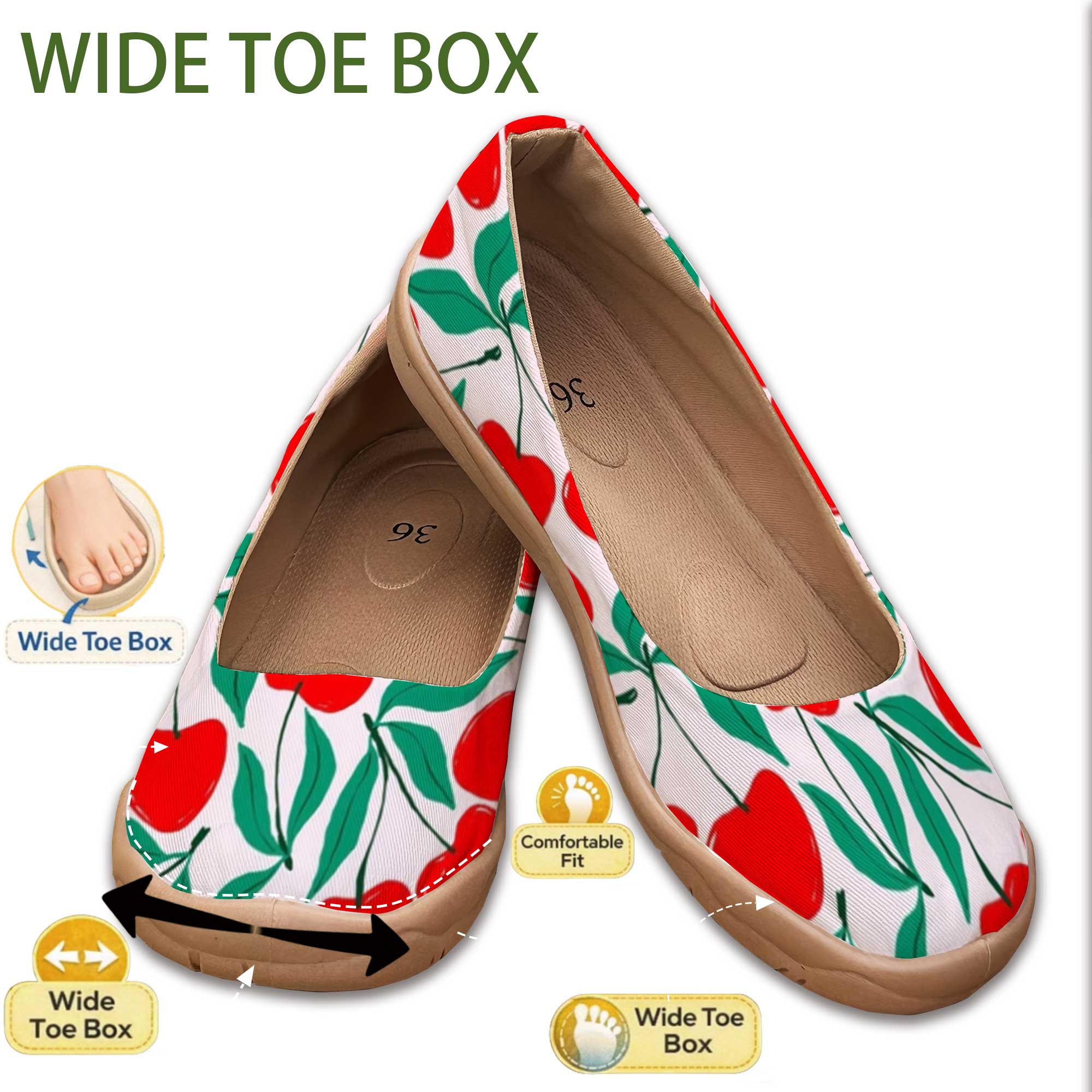 Women'S Shoes For Flat Feet - Sweet Cherry-Colored Wide-Fit Shallow-Mouthed Slip-On Shoes